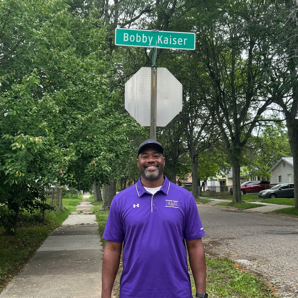 Coach standing under the Bobby Kaiser street sign honoring the foundation’s namesake